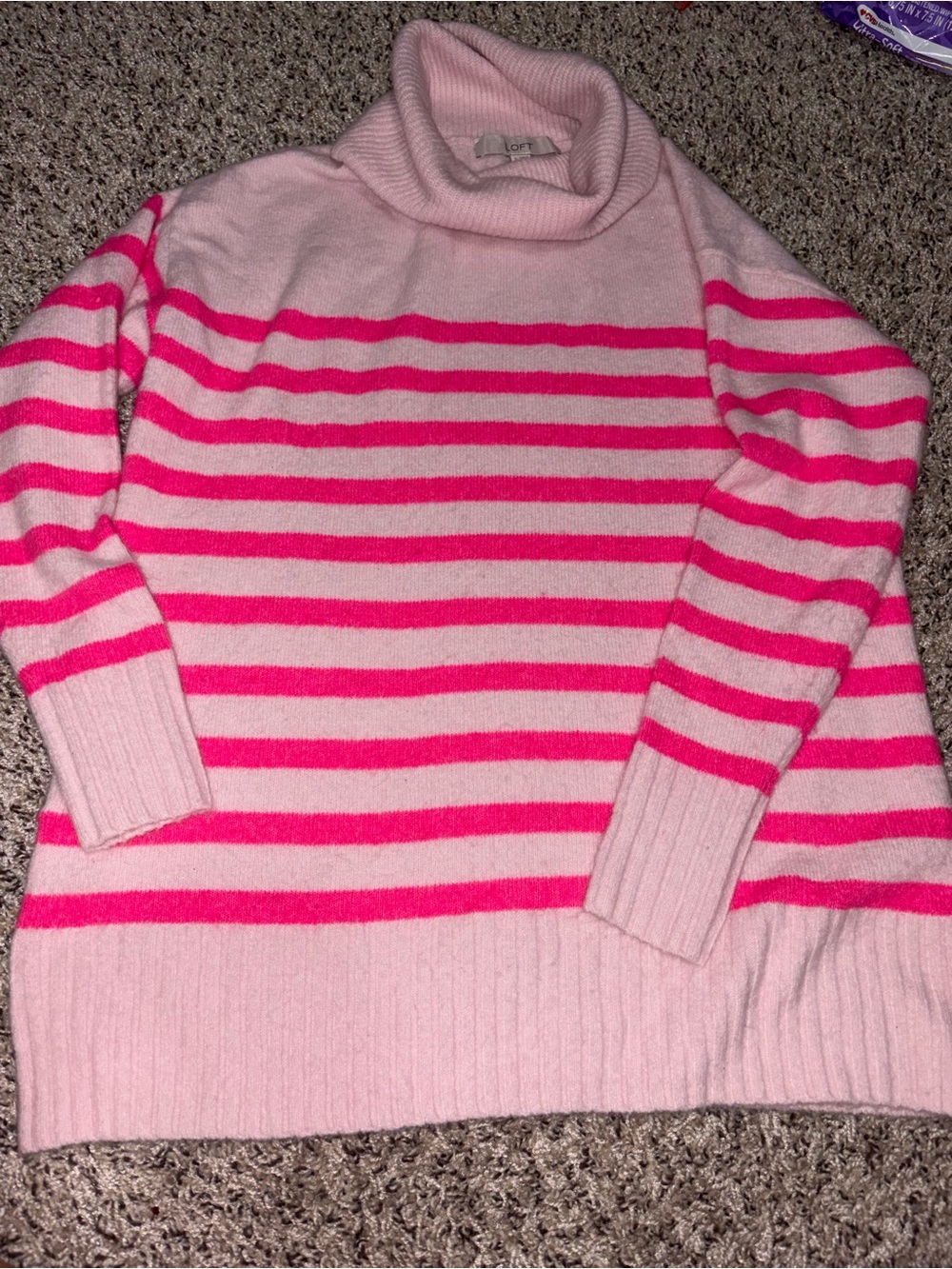 LOFT Pink Striped Cowl Neck Sweater